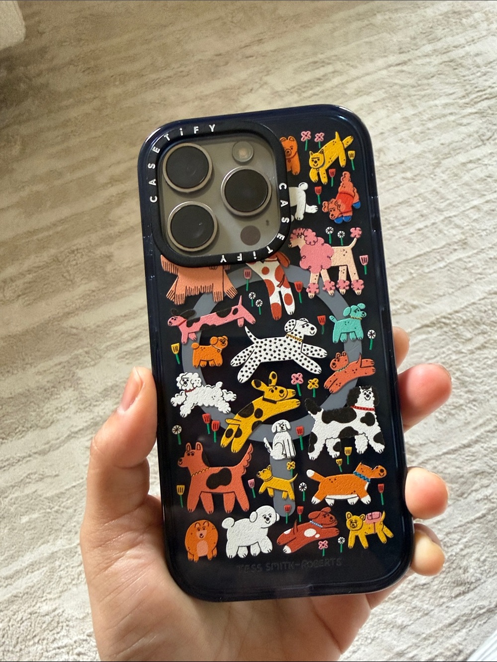 Casetify Navy Dog Pattern iPhone Case with Multicolor Cartoon Dogs